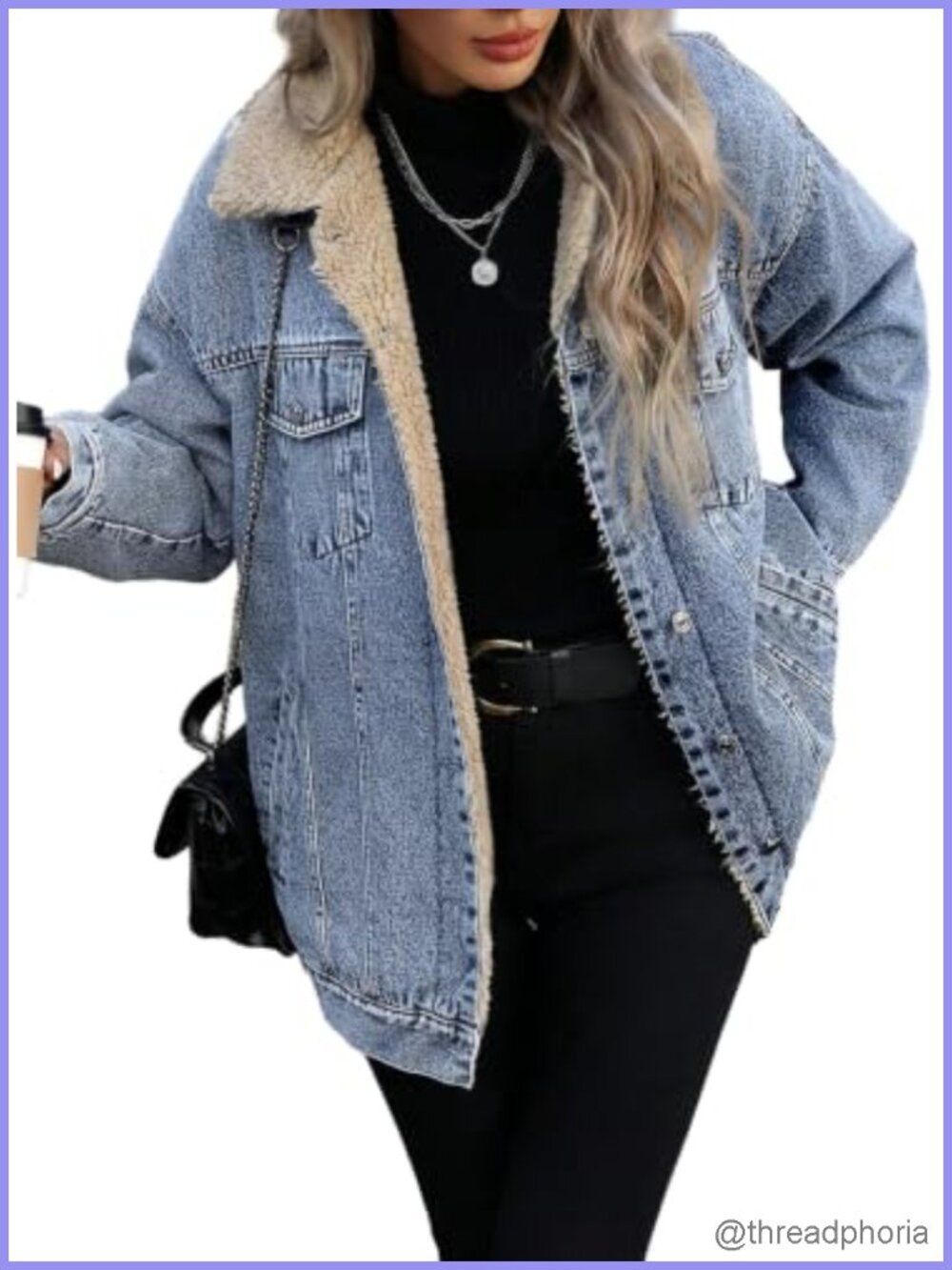 Oversized Fleece Lined Trucker Jean Jacket Cotton Denim Boyfriend Coat